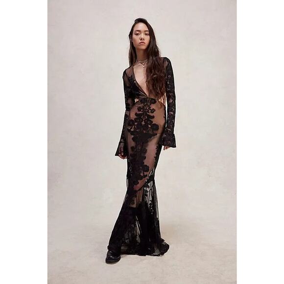 For Love & Lemons Temecula Floral Embroidered Lace Open Back Maxi Dress Black- L - Picture 1 of 4
